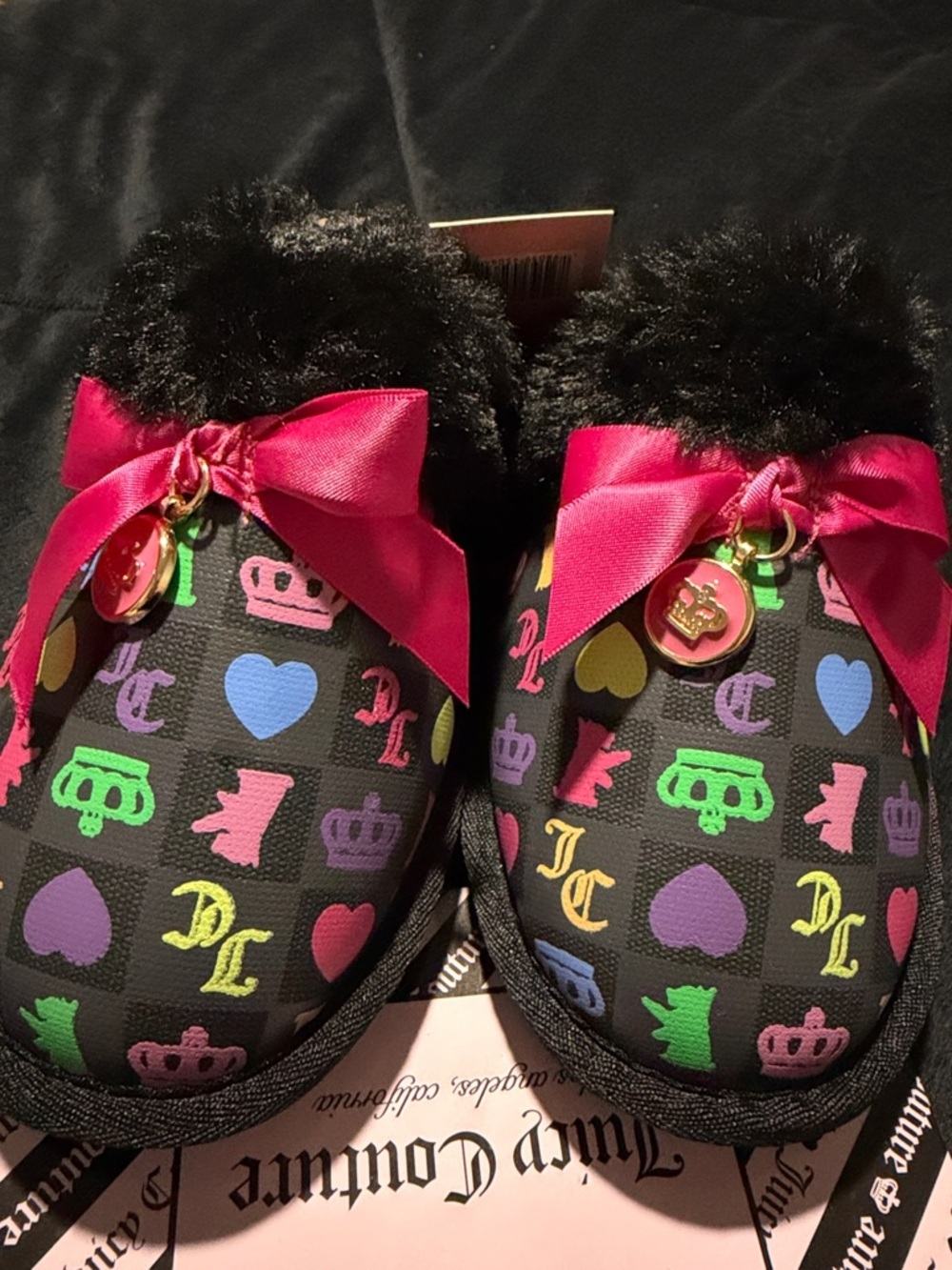 Juicy Couture Black Cozy Logo Print Slippers with Hot Pink Bows
